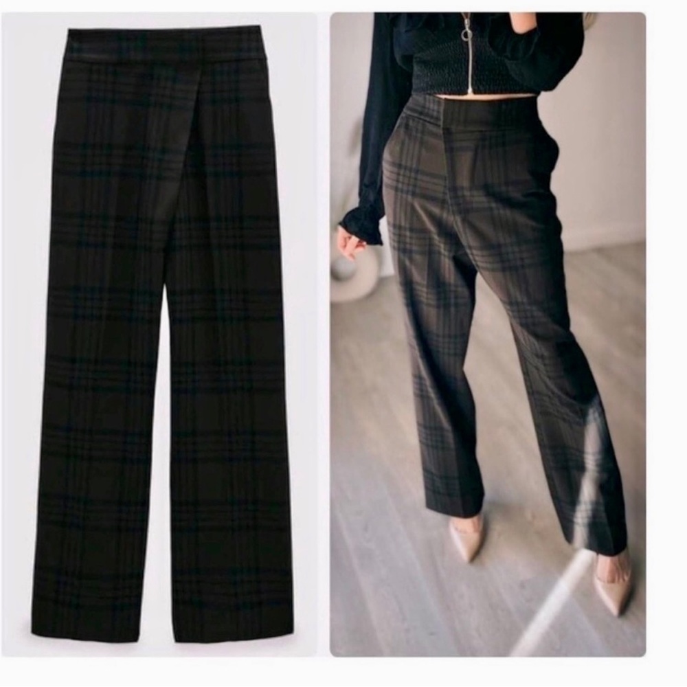 ZARA Brown High Waisted Checked Asymmetric Palazzo Full Length Trousers S NWT